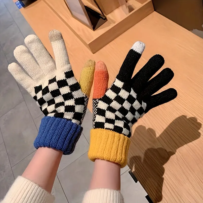 1 Pair Unisex Winter Thick Warm Gloves, Checkerboard Pattern Knit Gloves, Coldproof Fashion Casual Cycling Gloves For Outdoor