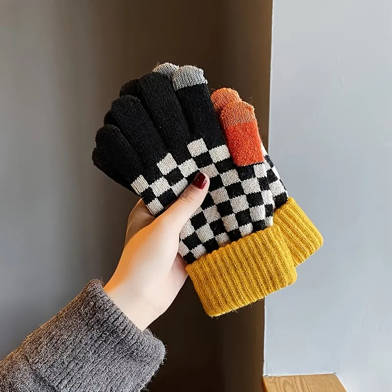 1 Pair Unisex Winter Thick Warm Gloves, Checkerboard Pattern Knit Gloves, Coldproof Fashion Casual Cycling Gloves For Outdoor