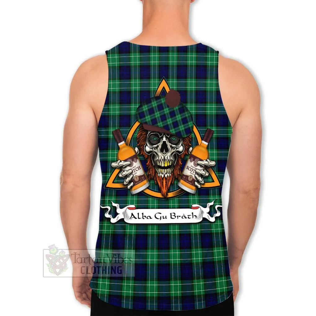 Abercrombie Tartan Men's Tank Top with Family Crest and Bearded Skull Holding Bottles of Whiskey