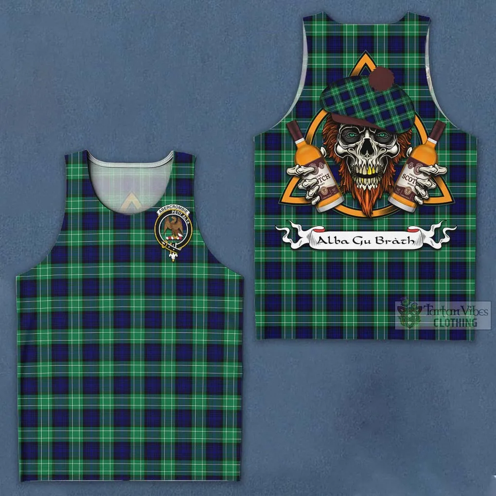 Abercrombie Tartan Men's Tank Top with Family Crest and Bearded Skull Holding Bottles of Whiskey