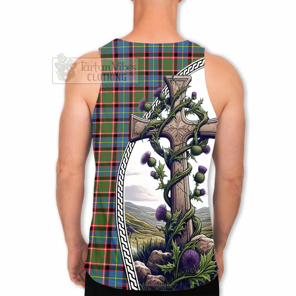 Aikenhead Tartan Men's Tank Top with Family Crest and St. Andrew's Cross Accented by Thistle Vines