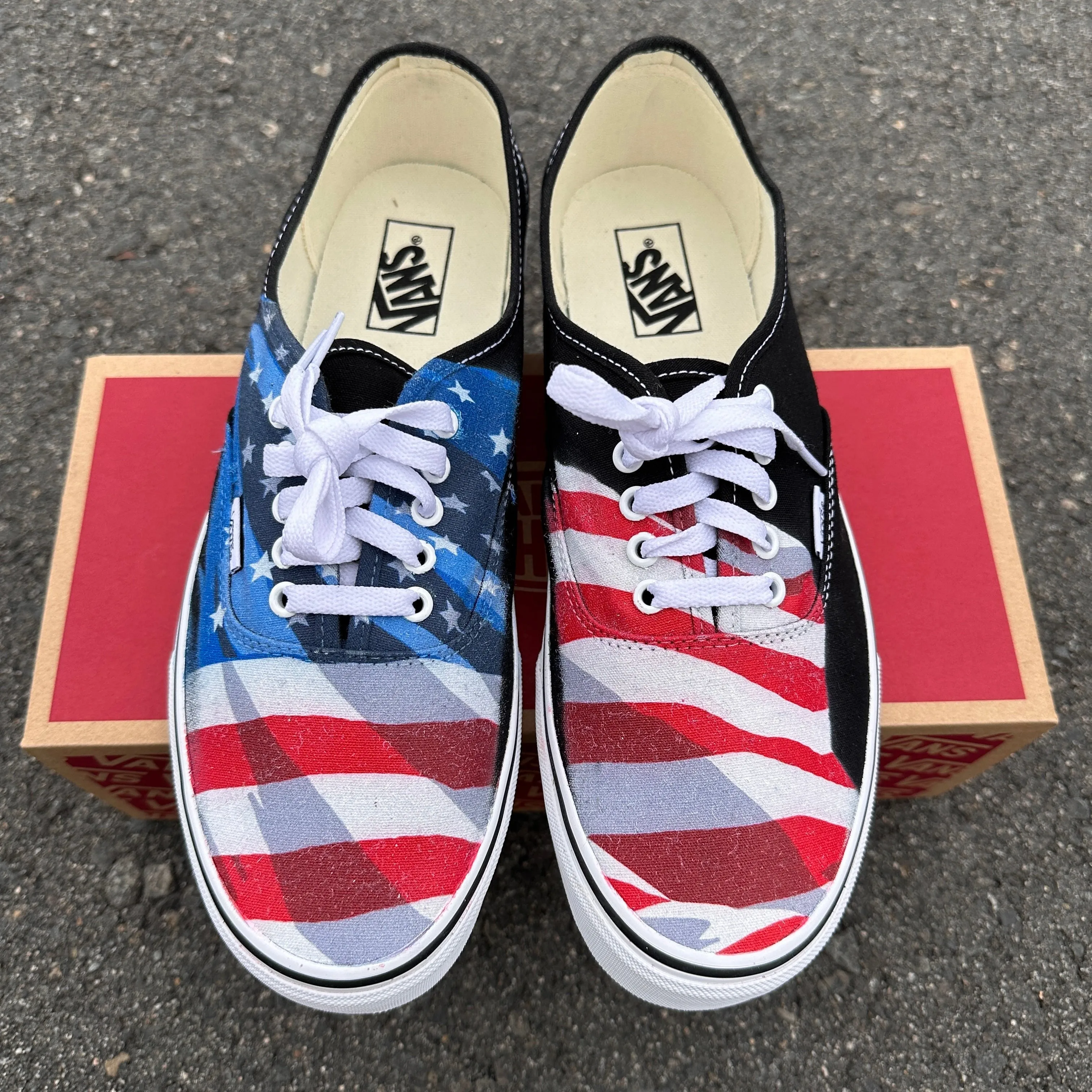 American Flag Patriotic Red White And Blue - Black Custom Vans Shoes