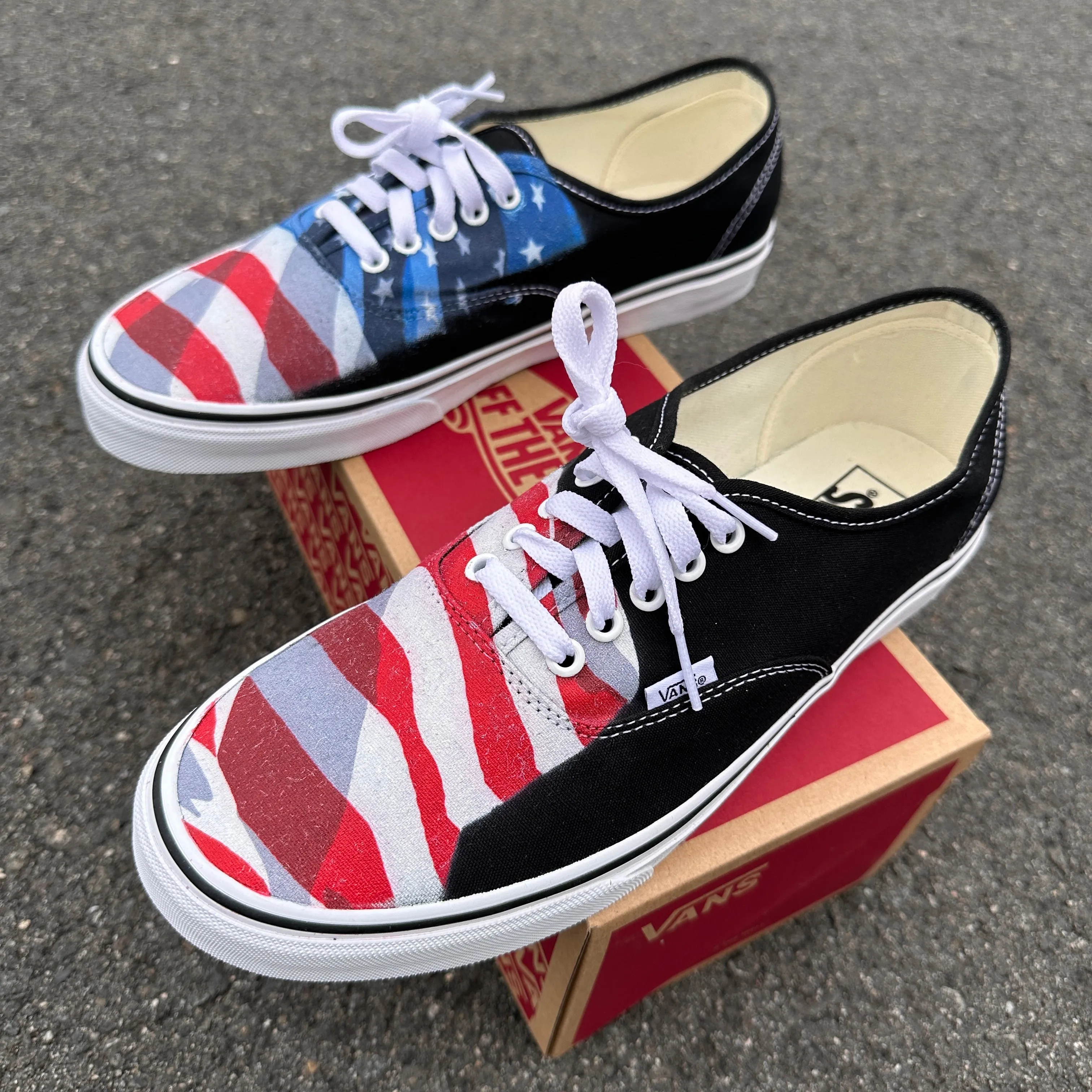 American Flag Patriotic Red White And Blue - Black Custom Vans Shoes