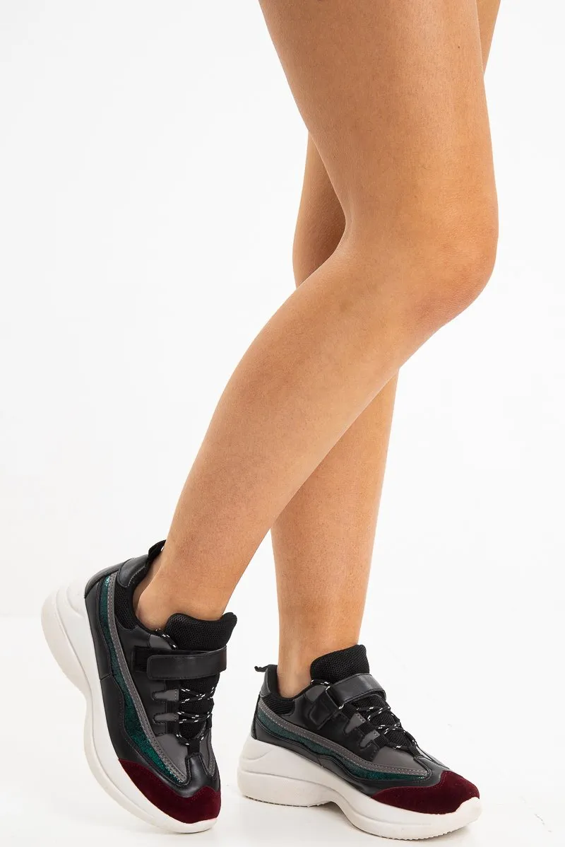 Black Faux Leather Colour Block Lace Up Trainers - Eugenia