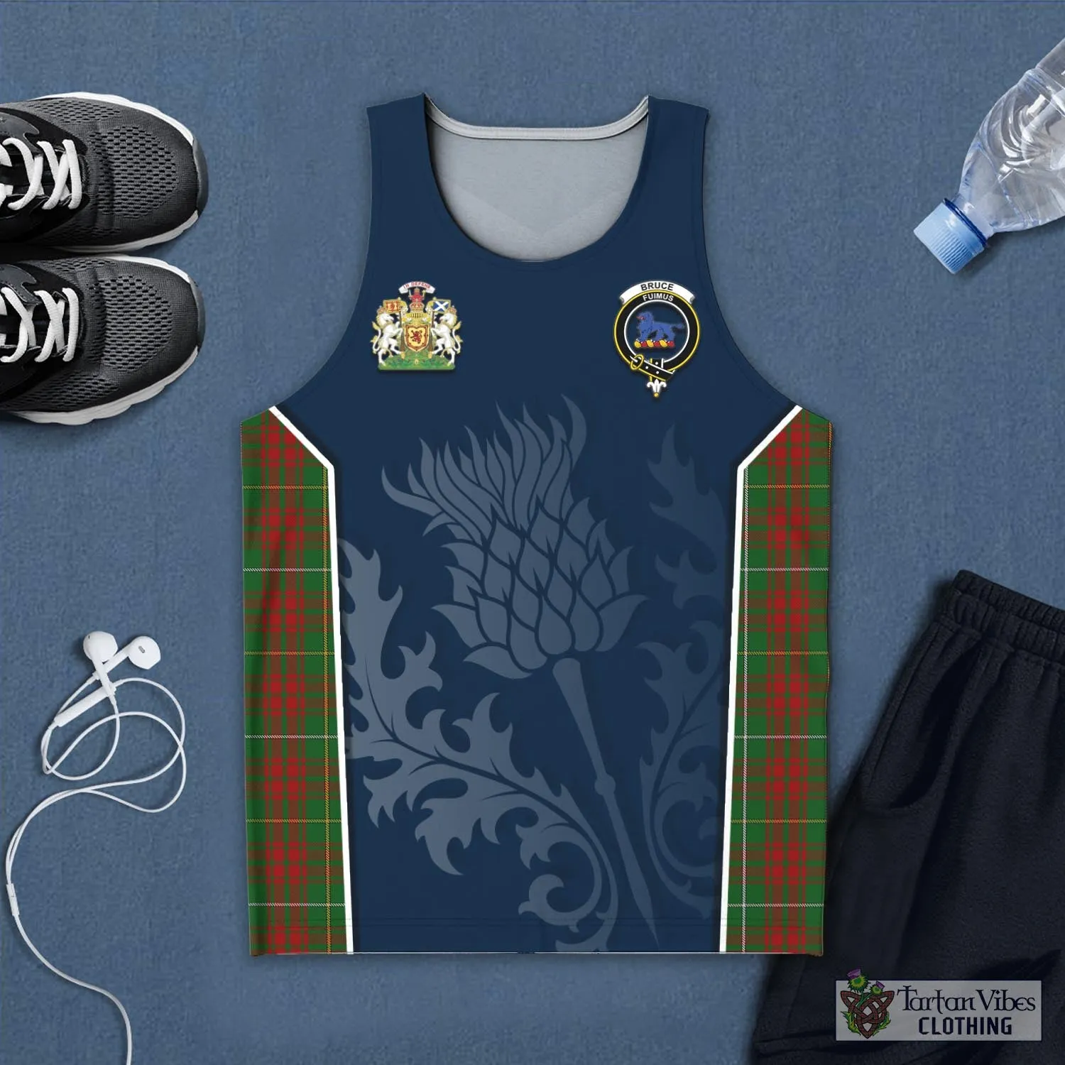 Bruce Hunting Tartan Men's Tanks Top with Family Crest and Scottish Thistle Vibes Sport Style