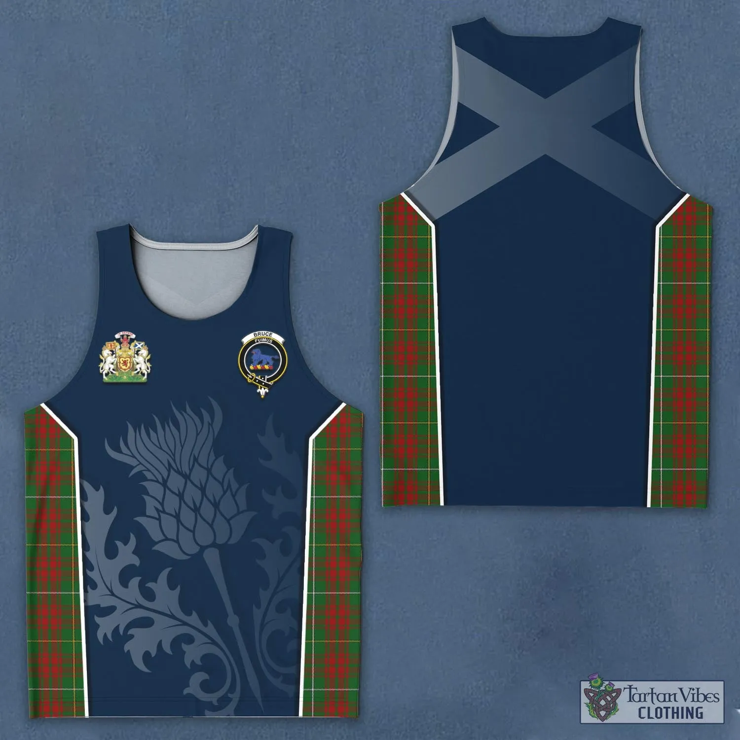 Bruce Hunting Tartan Men's Tanks Top with Family Crest and Scottish Thistle Vibes Sport Style