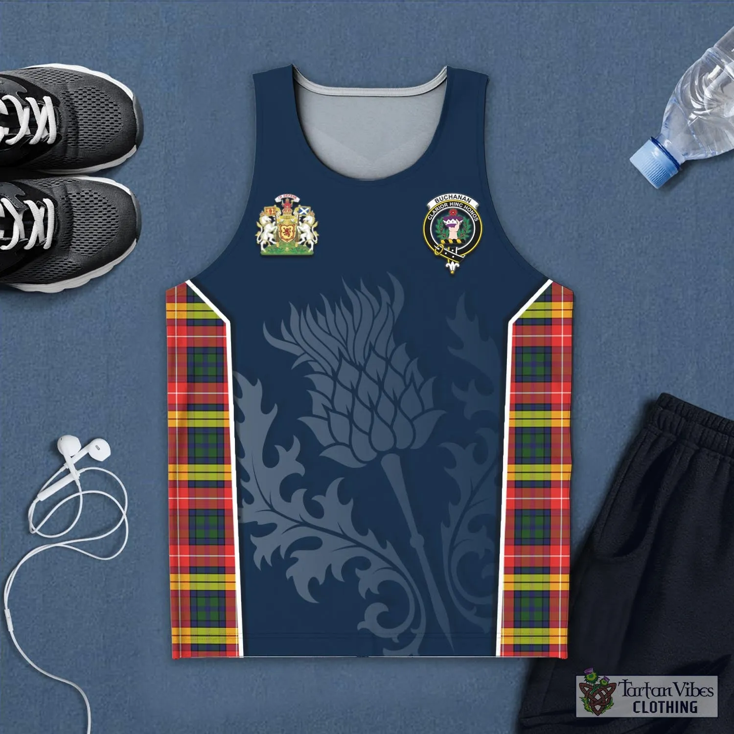 Buchanan Modern Tartan Men's Tanks Top with Family Crest and Scottish Thistle Vibes Sport Style