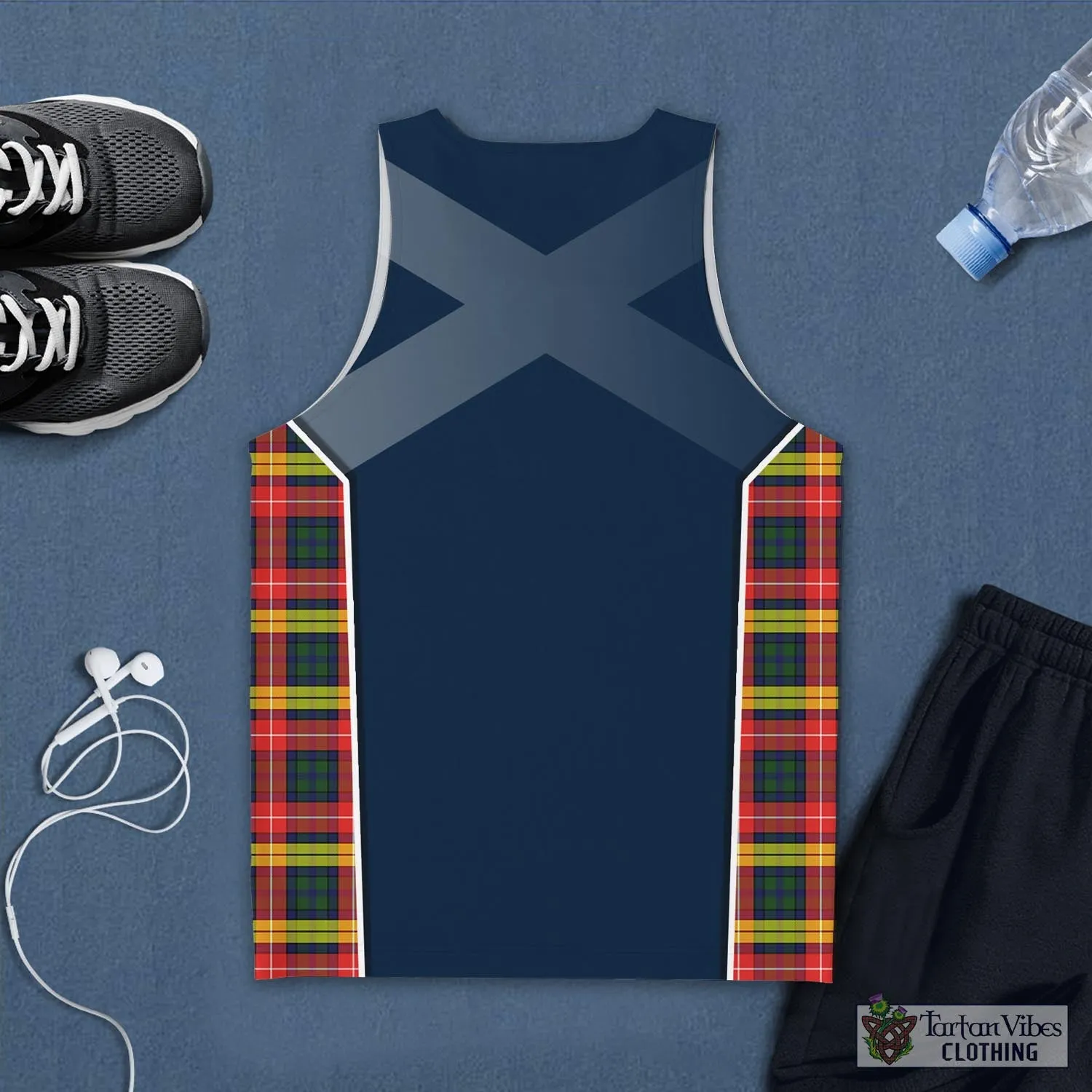 Buchanan Modern Tartan Men's Tanks Top with Family Crest and Scottish Thistle Vibes Sport Style