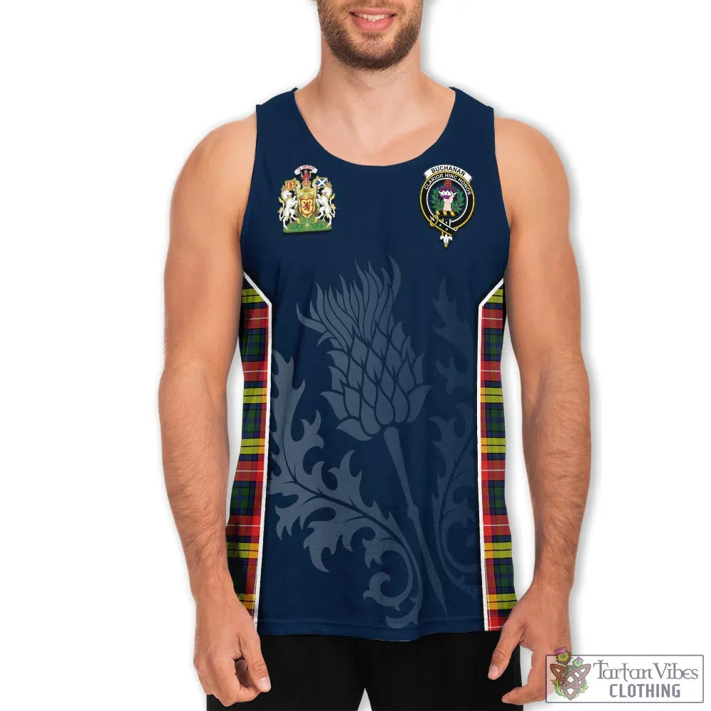 Buchanan Modern Tartan Men's Tanks Top with Family Crest and Scottish Thistle Vibes Sport Style