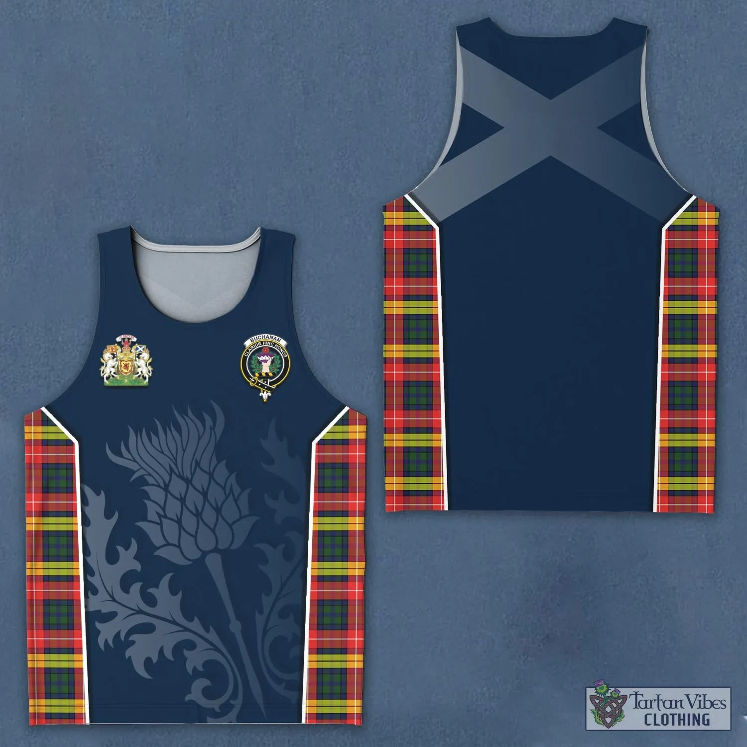 Buchanan Modern Tartan Men's Tanks Top with Family Crest and Scottish Thistle Vibes Sport Style