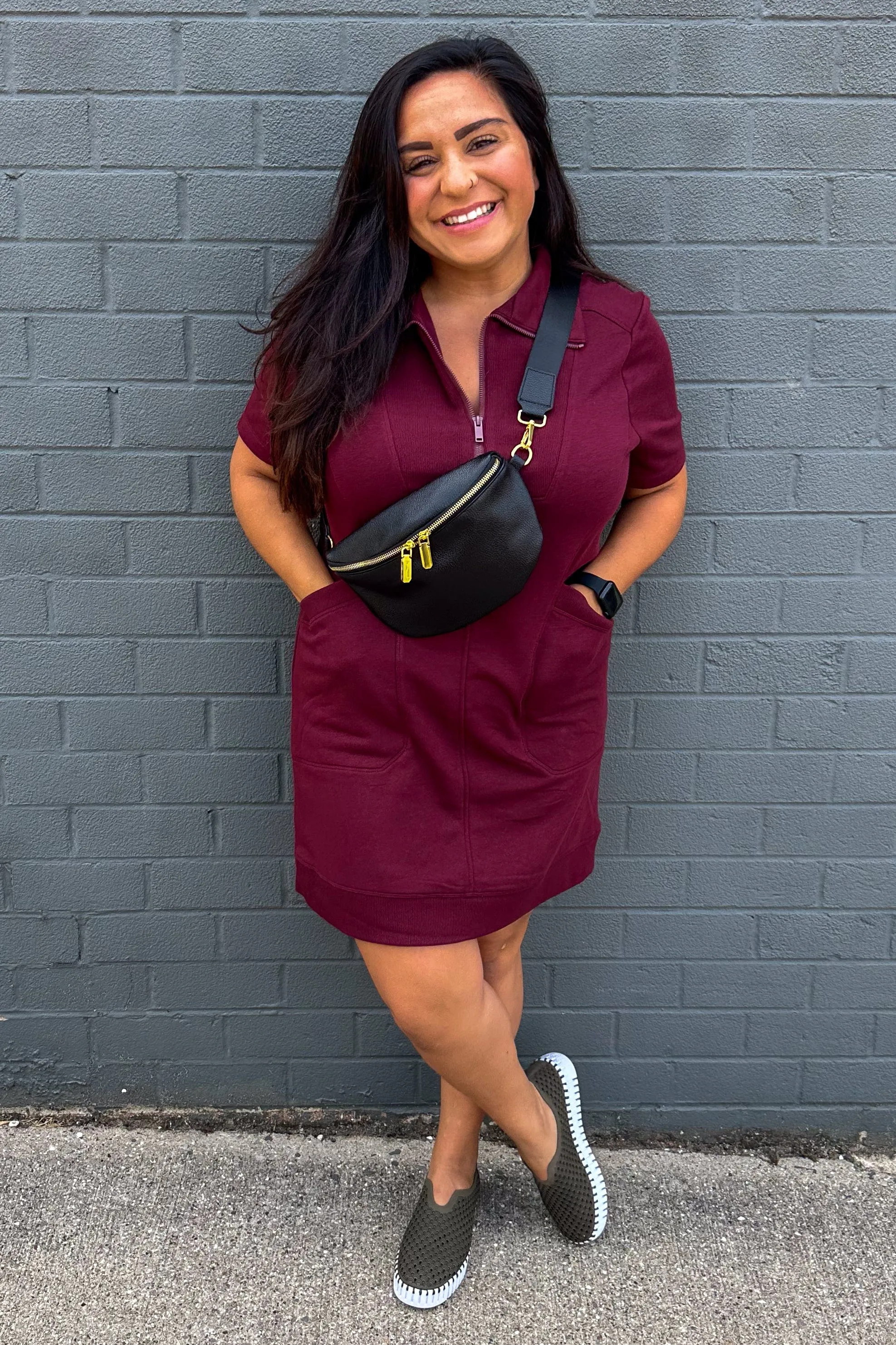 Burgundy Casual Quarter Zip Dress