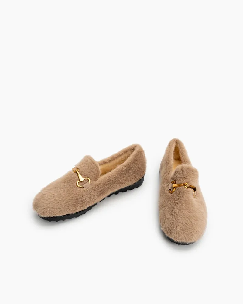 (Clean Up - US 7.5) Classic Metal Buckle Furry Plush Flat Winter Warm Slippers Loafers