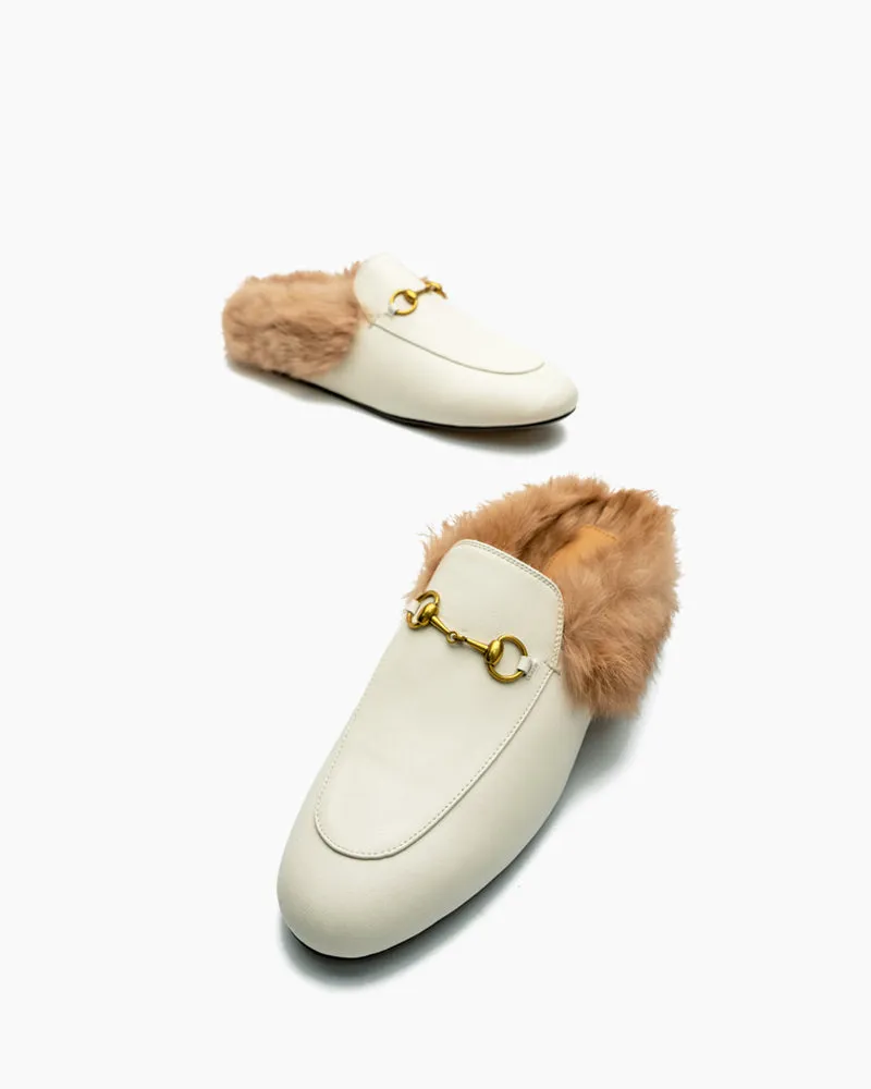 (Clean Up - US 8) Classic Metal Buckle Backless Fur Flat Slippers Mules