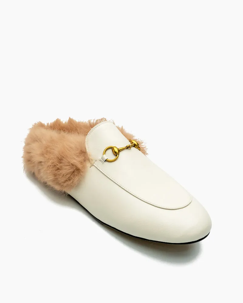 (Clean Up - US 8) Classic Metal Buckle Backless Fur Flat Slippers Mules