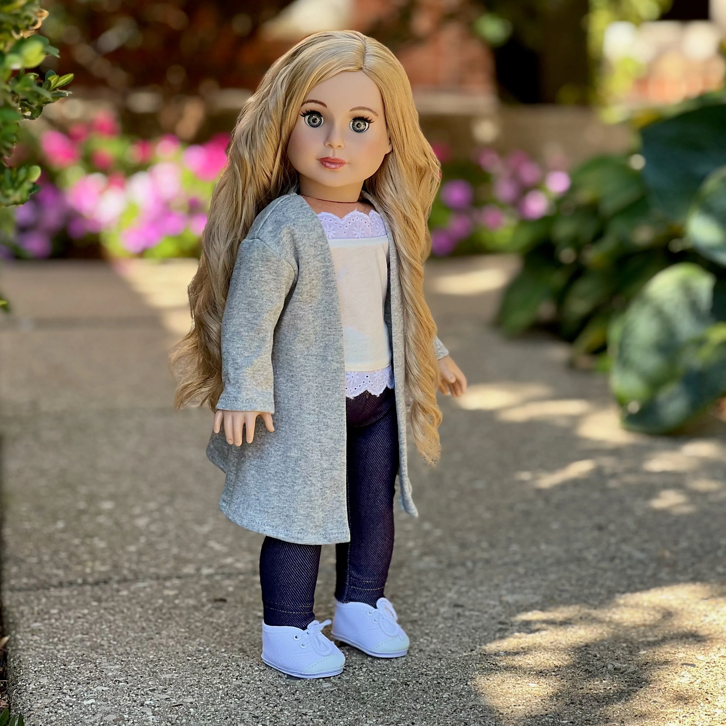 Comfy Chic - 4 Piece Outfit for 18 Inch Doll - White Tank Top, Leggings, Gray Long Sweater and White Sneakers - 18 Inch Doll Clothes ( Doll Not Included)