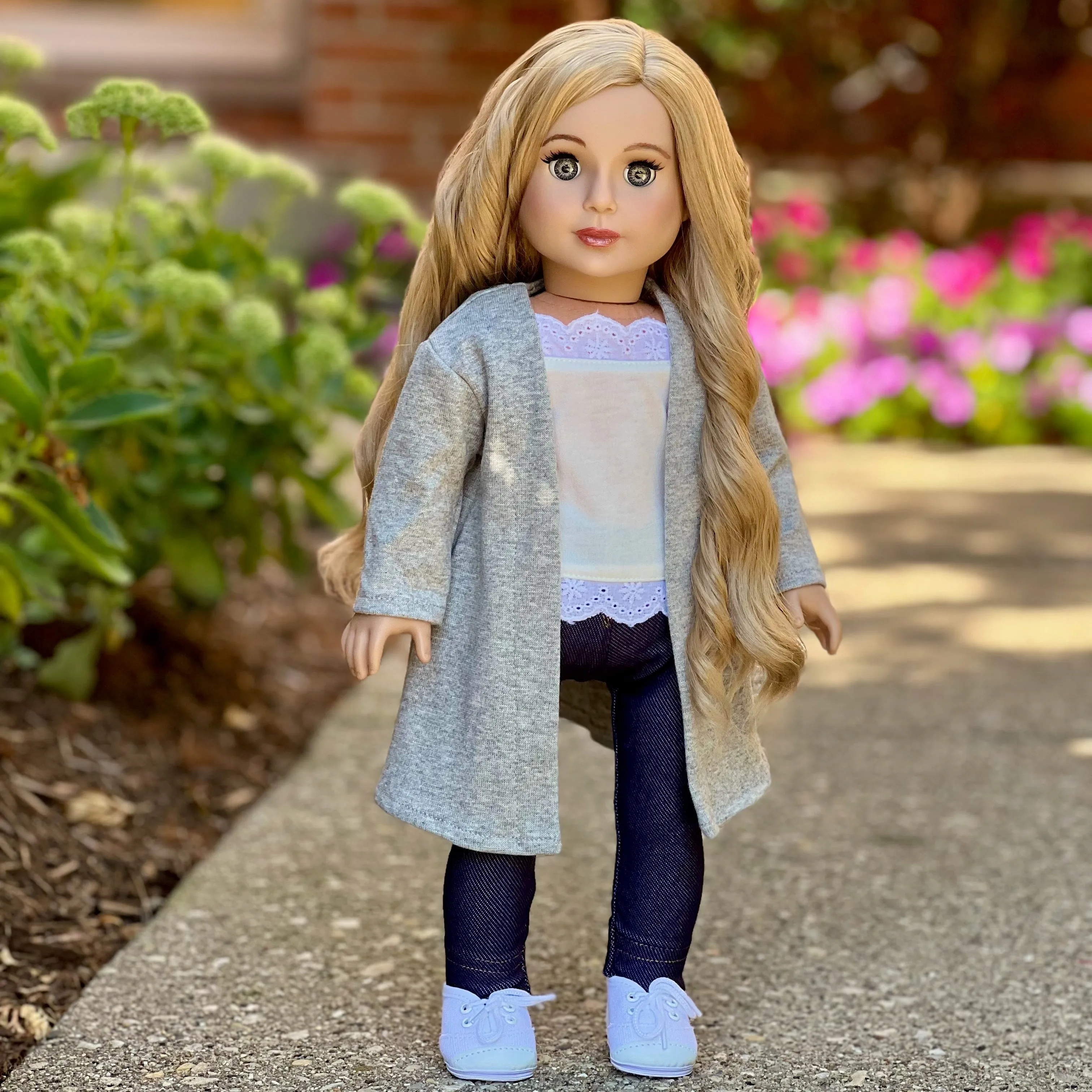 Comfy Chic - 4 Piece Outfit for 18 Inch Doll - White Tank Top, Leggings, Gray Long Sweater and White Sneakers - 18 Inch Doll Clothes ( Doll Not Included)