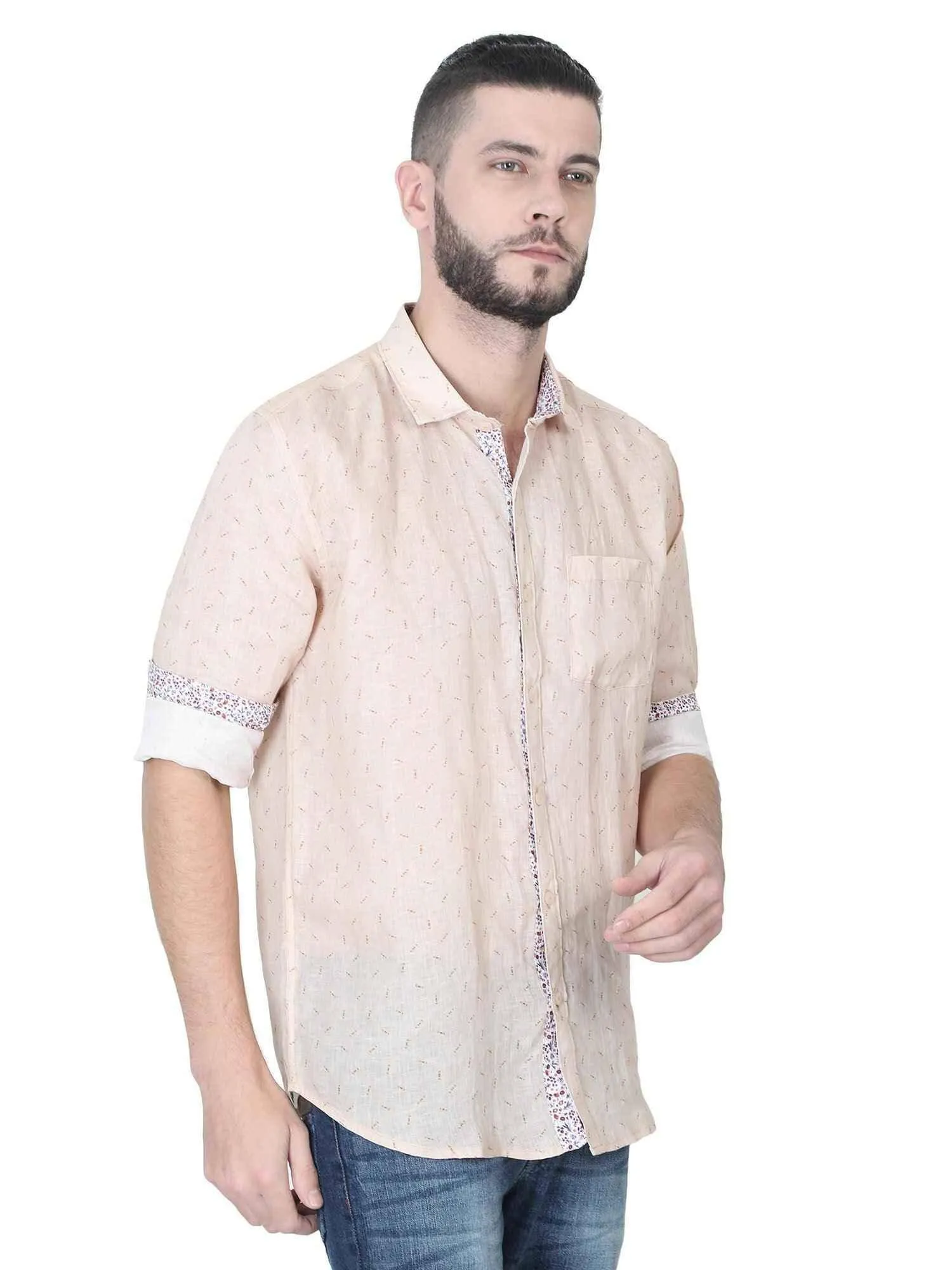 Cream Linen Printed Casual Shirt