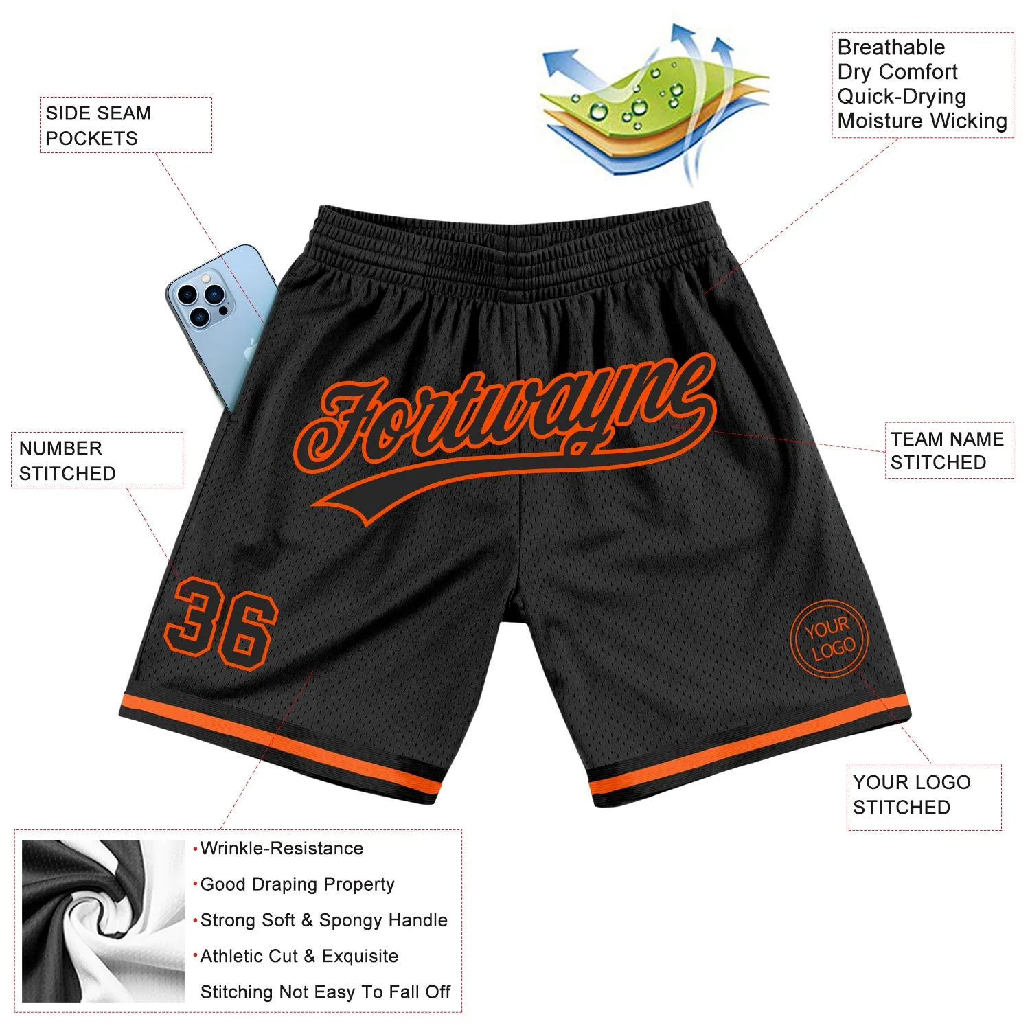 Custom Black Orange Authentic Throwback Basketball Shorts