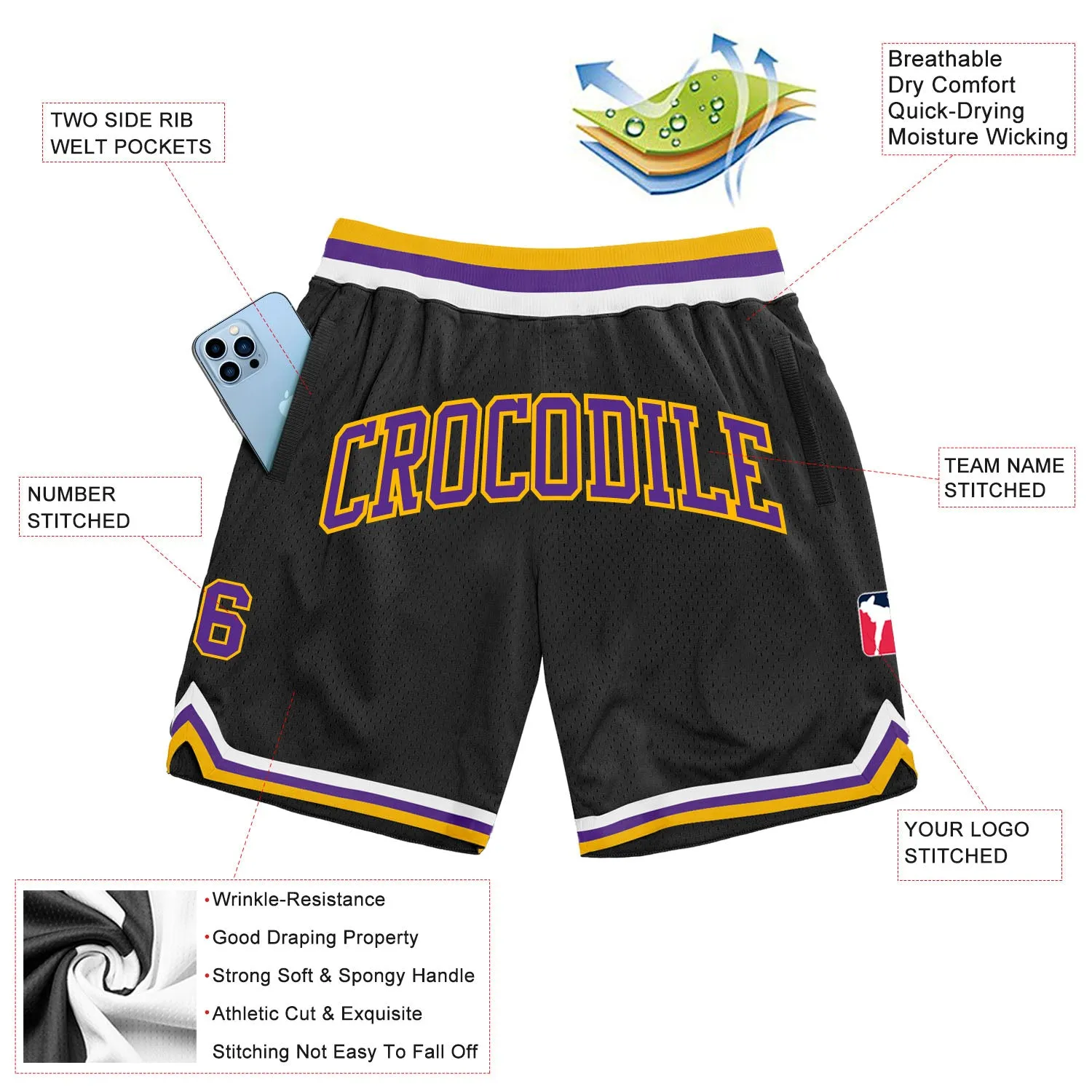 Custom Black Purple-Gold Authentic Throwback Basketball Shorts