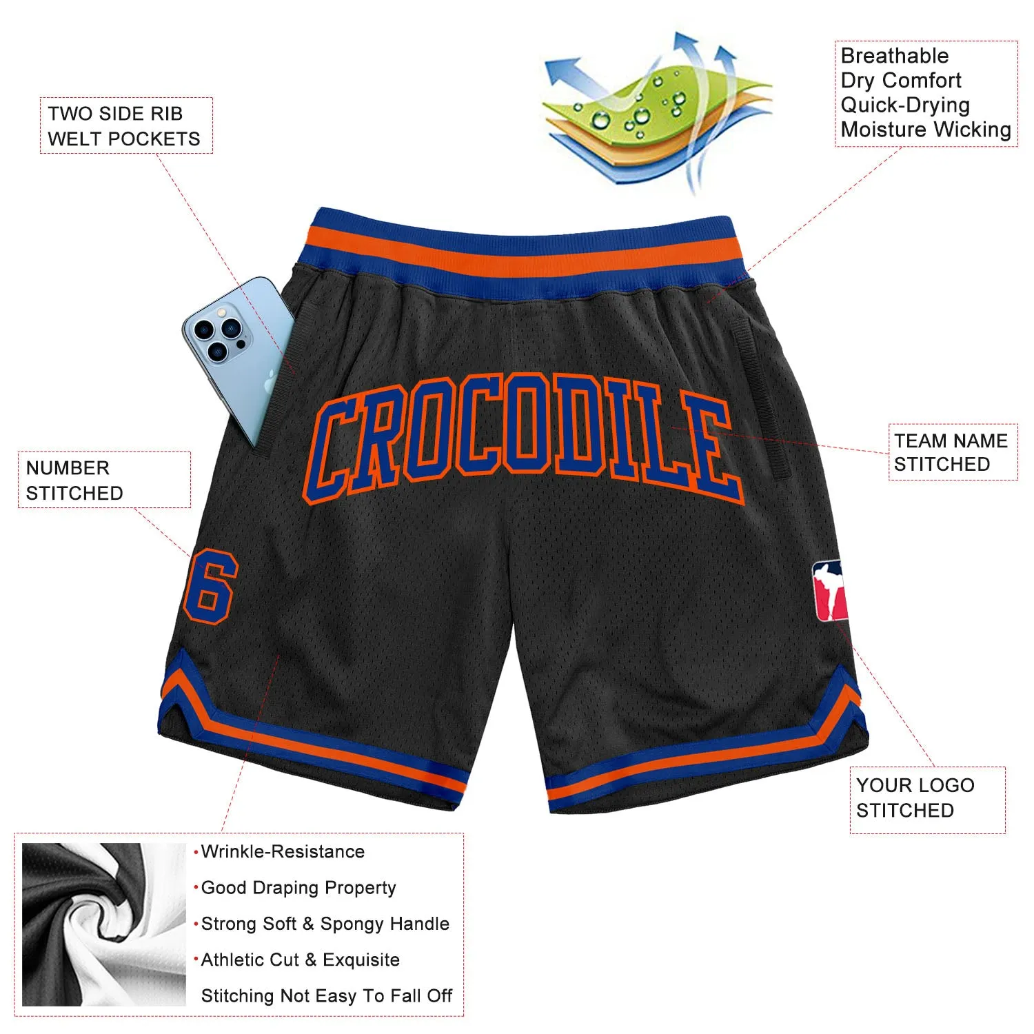 Custom Black Royal-Orange Authentic Throwback Basketball Shorts