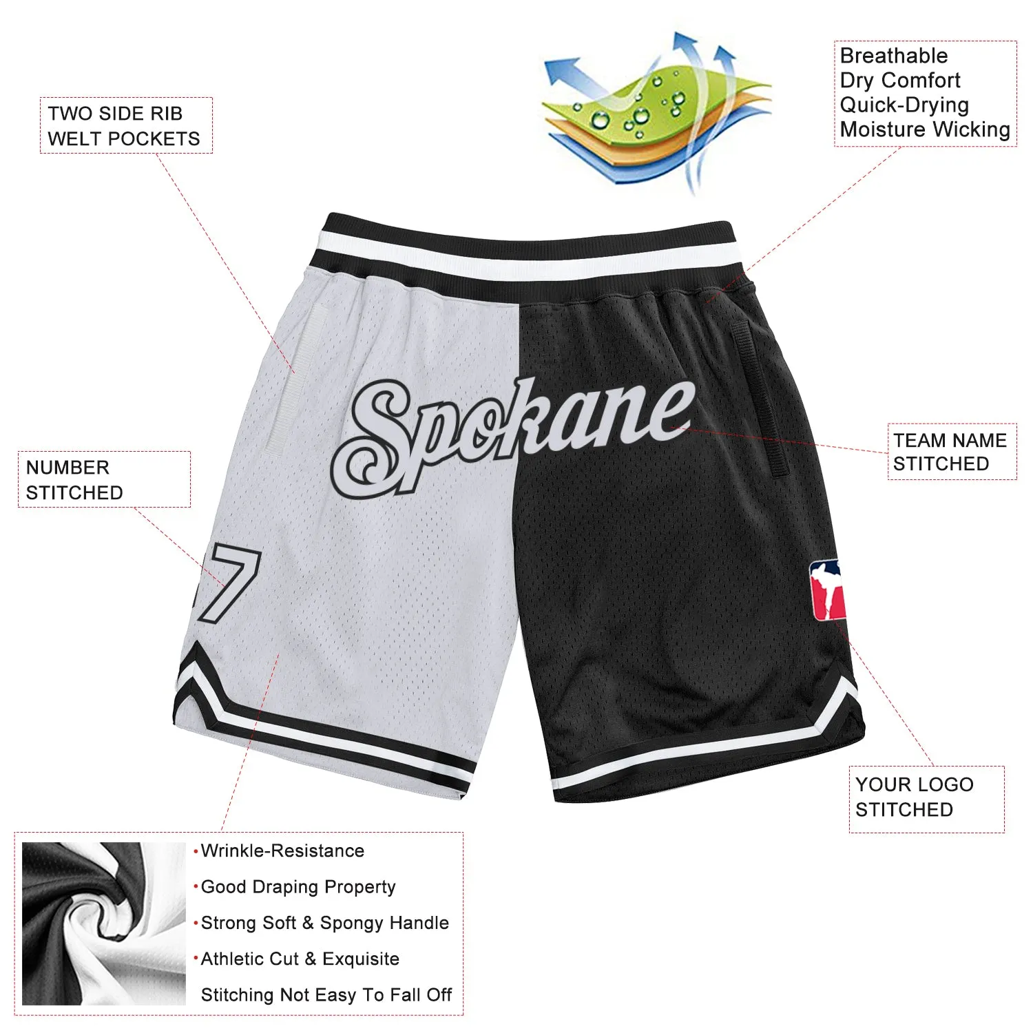 Custom Black White Authentic Throwback Split Fashion Basketball Shorts