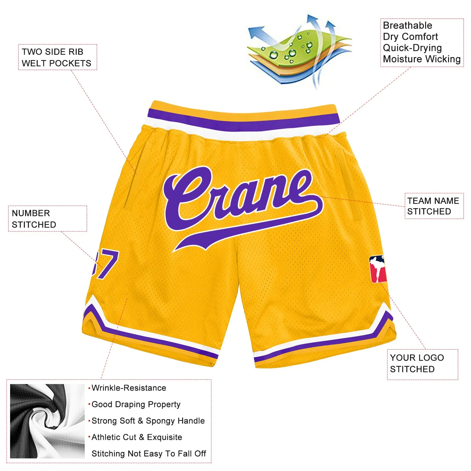 Custom Gold Purple-White Authentic Throwback Basketball Shorts