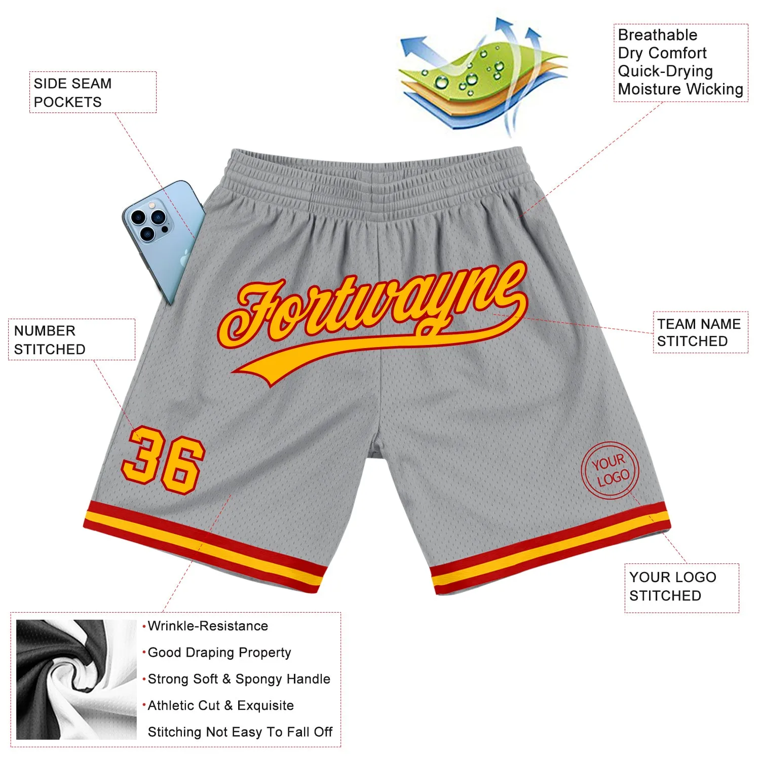 Custom Gray Gold-Red Authentic Throwback Basketball Shorts