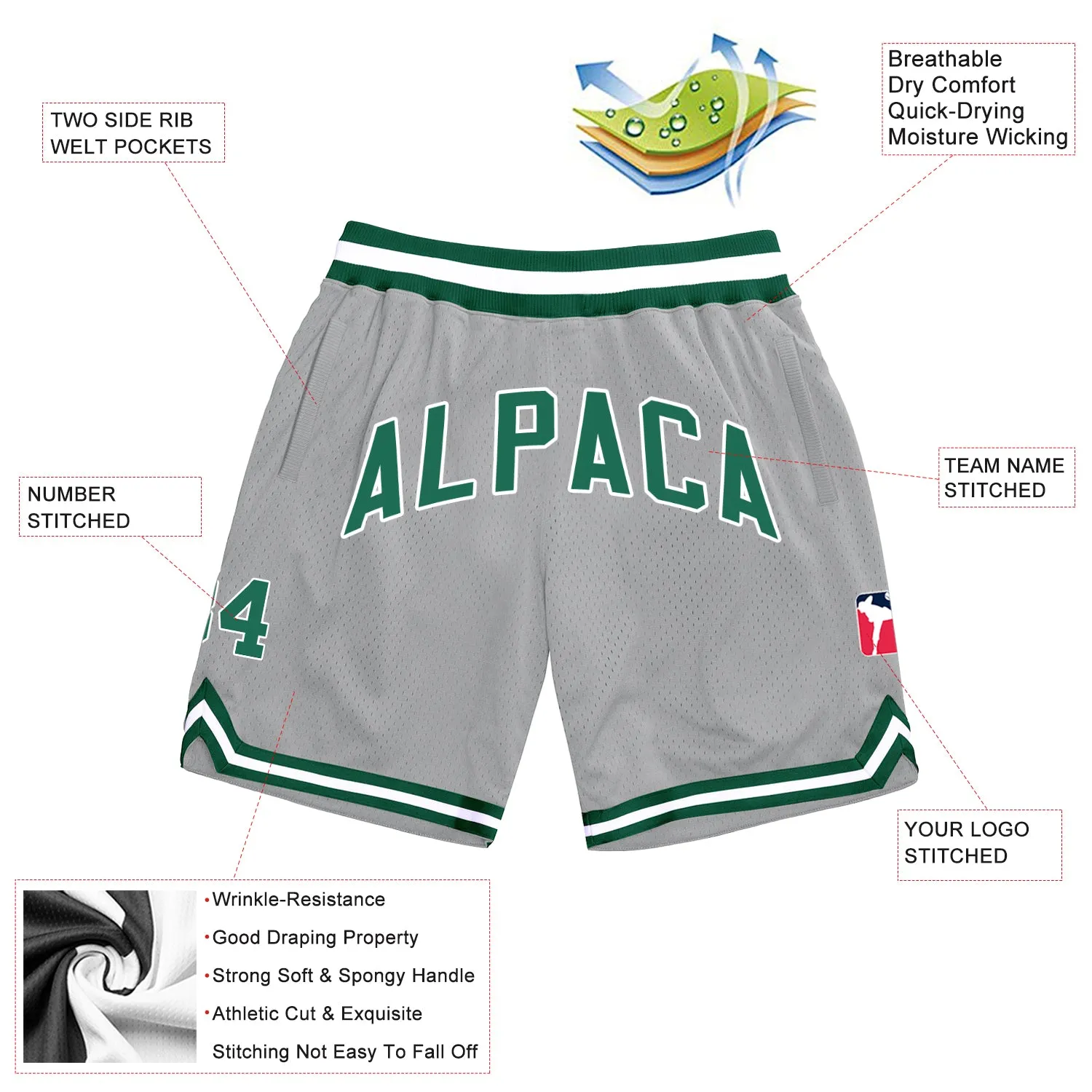 Custom Gray Kelly Green-White Authentic Throwback Basketball Shorts