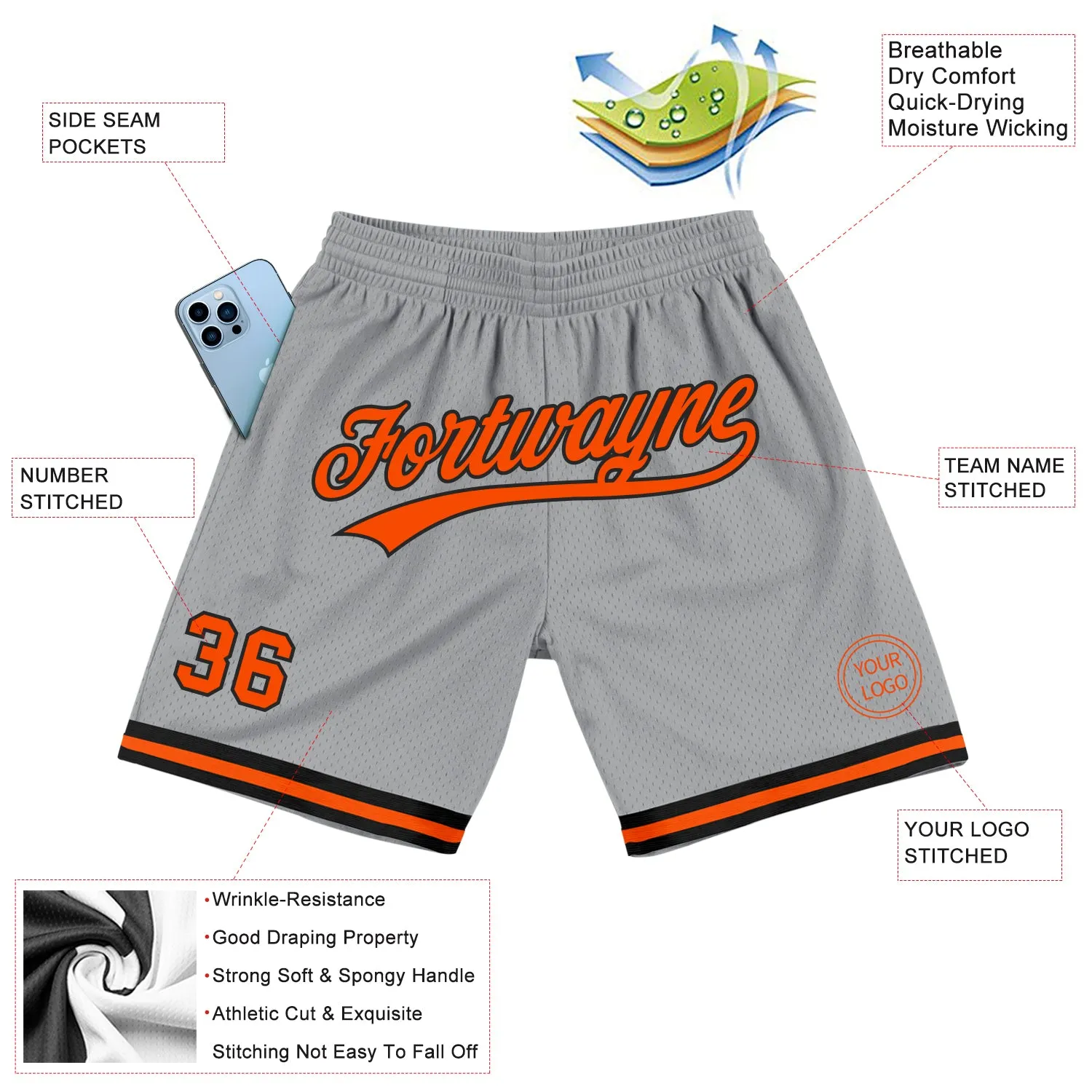 Custom Gray Orange-Black Authentic Throwback Basketball Shorts