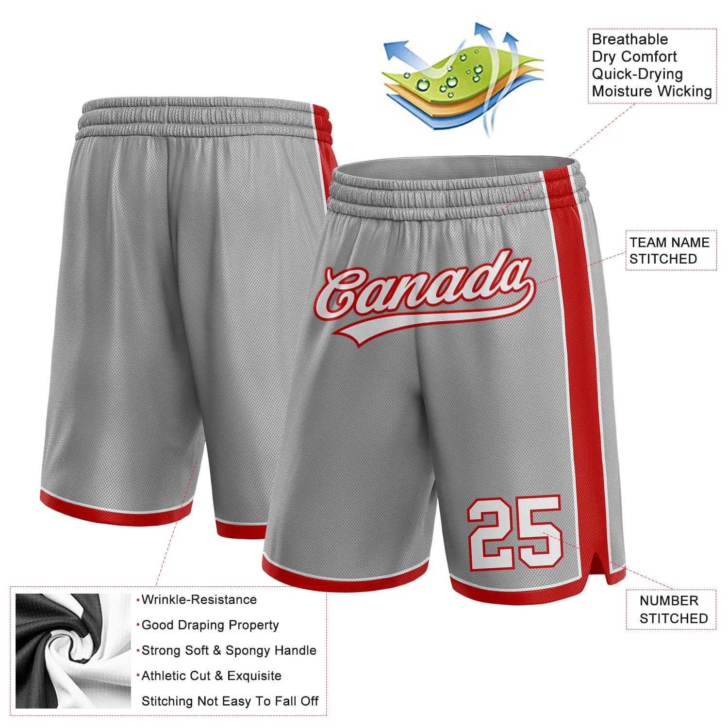 Custom Gray White-Red Authentic Basketball Shorts