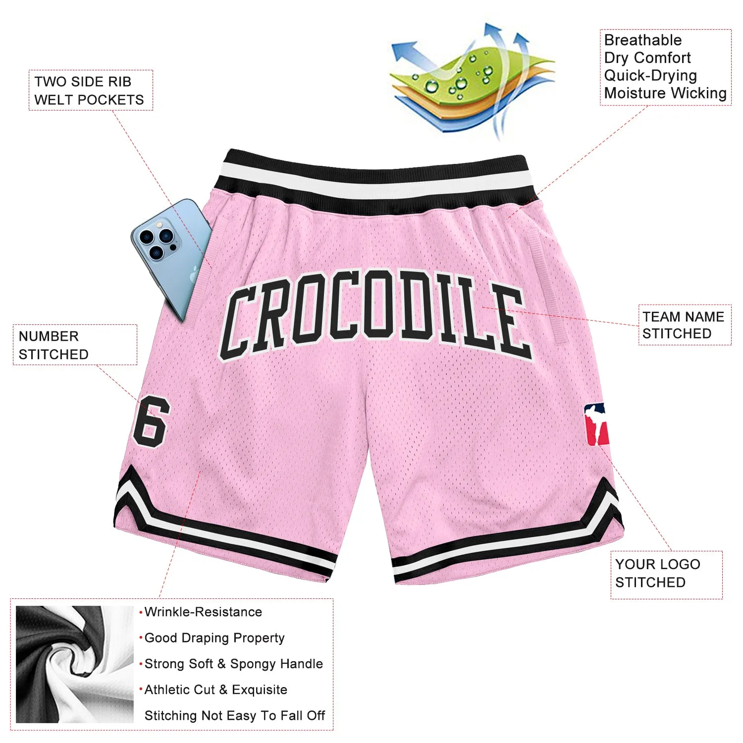 Custom Light Pink Black-White Authentic Throwback Basketball Shorts