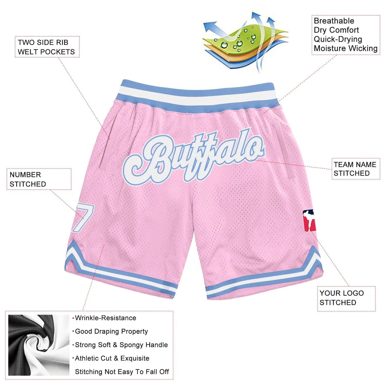 Custom Light Pink White-Light Blue Authentic Throwback Basketball Shorts