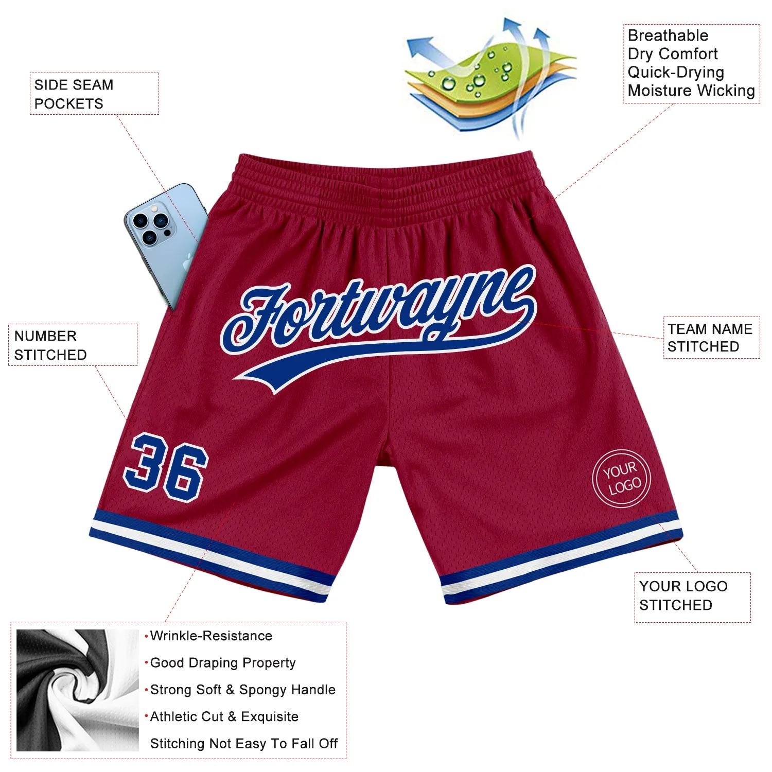 Custom Maroon Royal-White Authentic Throwback Basketball Shorts