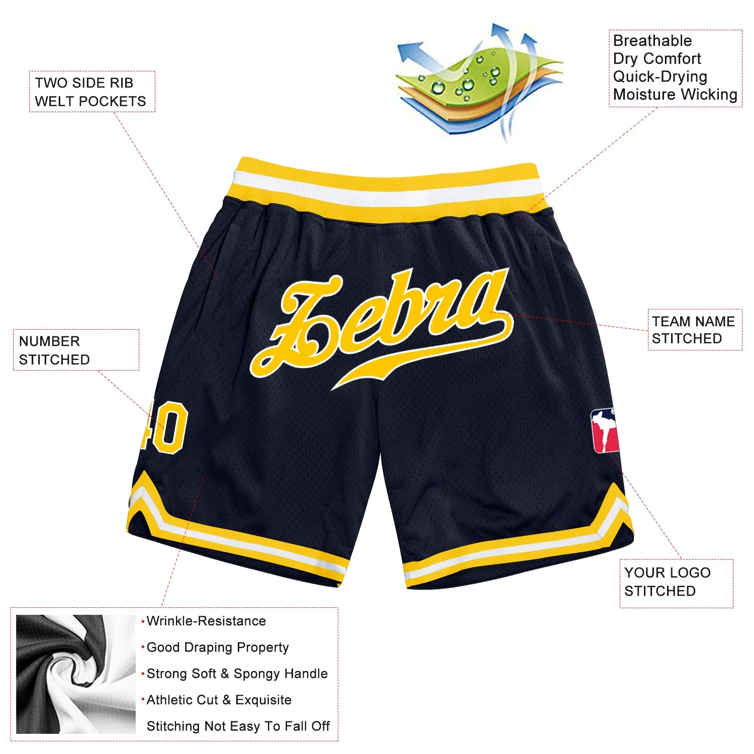 Custom Navy Gold-White Authentic Throwback Basketball Shorts