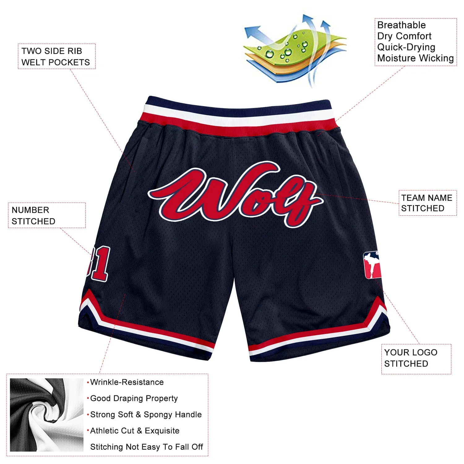 Custom Navy Red-White Authentic Throwback Basketball Shorts