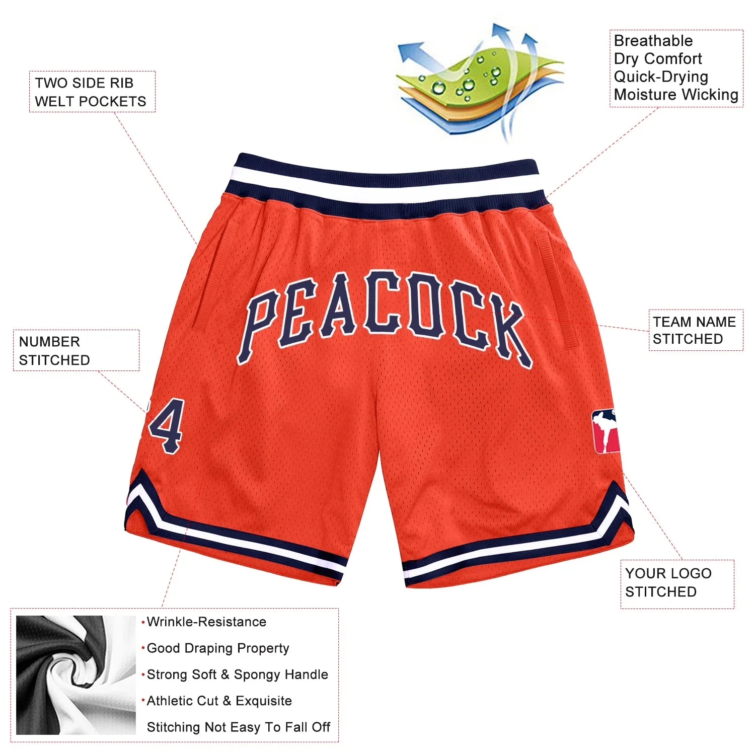 Custom Orange Navy-White Authentic Throwback Basketball Shorts