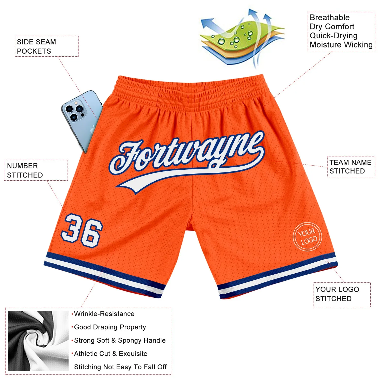 Custom Orange White-Royal Authentic Throwback Basketball Shorts