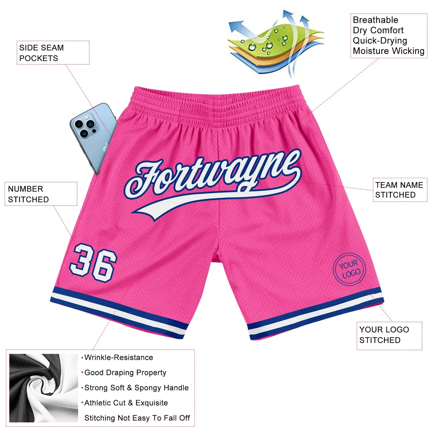 Custom Pink White-Royal Authentic Throwback Basketball Shorts