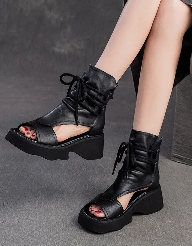 Cut-out Ankle Lace-up Open Toe Wedge Sandals