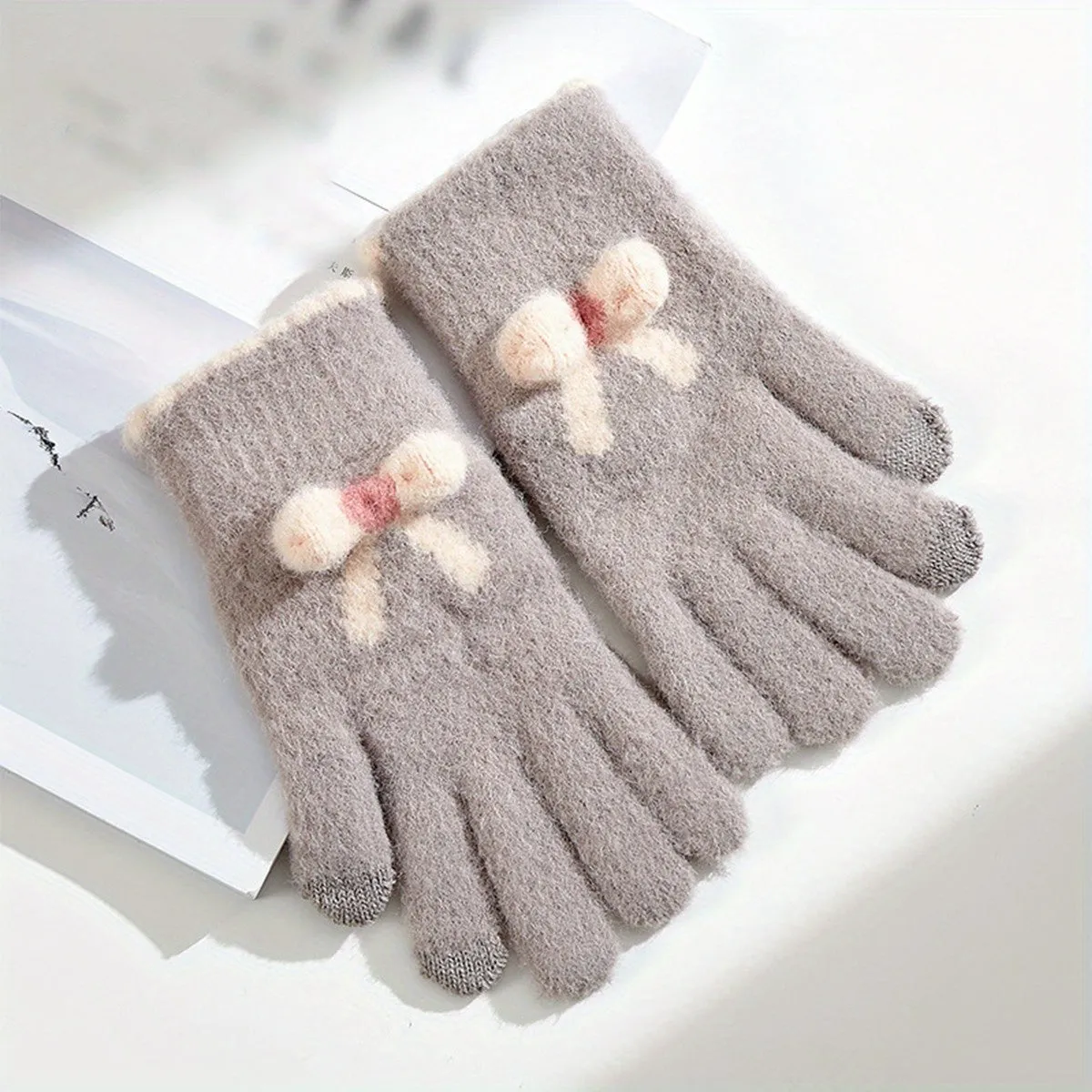 Cute Bowknot Knit Plush Gloves Short Plus Velvet Warm Touch Screen Gloves Women's Autumn Winter Thickening Coldproof Gloves