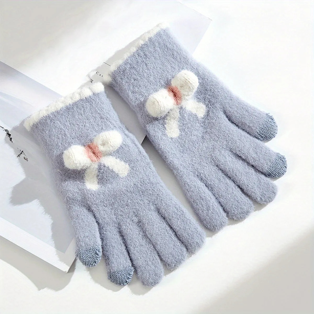 Cute Bowknot Knit Plush Gloves Short Plus Velvet Warm Touch Screen Gloves Women's Autumn Winter Thickening Coldproof Gloves