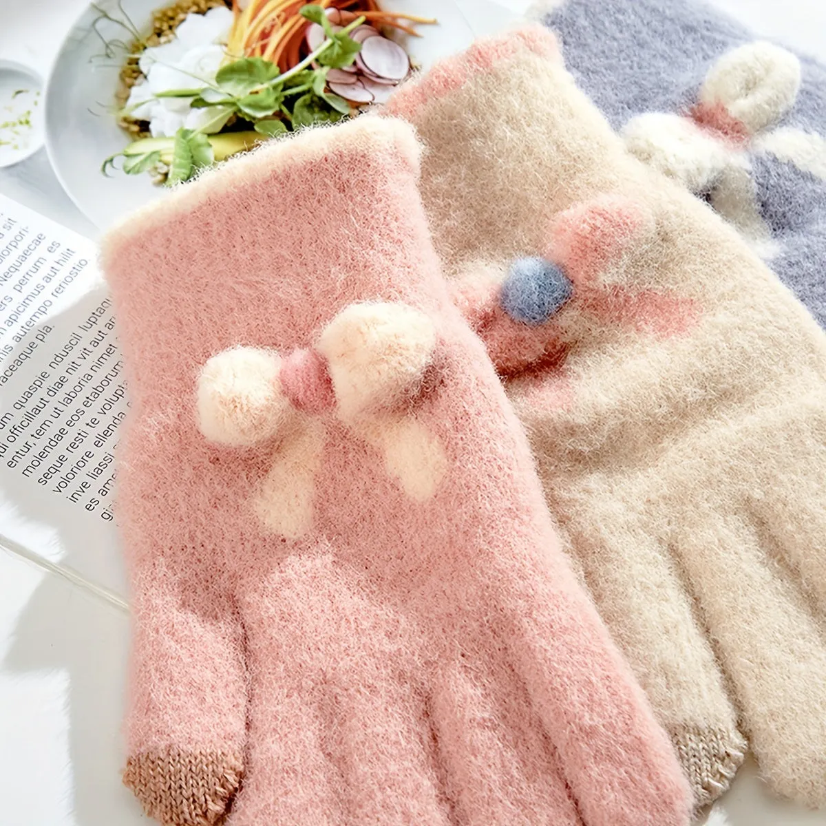 Cute Bowknot Knit Plush Gloves Short Plus Velvet Warm Touch Screen Gloves Women's Autumn Winter Thickening Coldproof Gloves