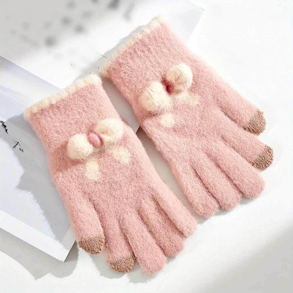 Cute Bowknot Knit Plush Gloves Short Plus Velvet Warm Touch Screen Gloves Women's Autumn Winter Thickening Coldproof Gloves