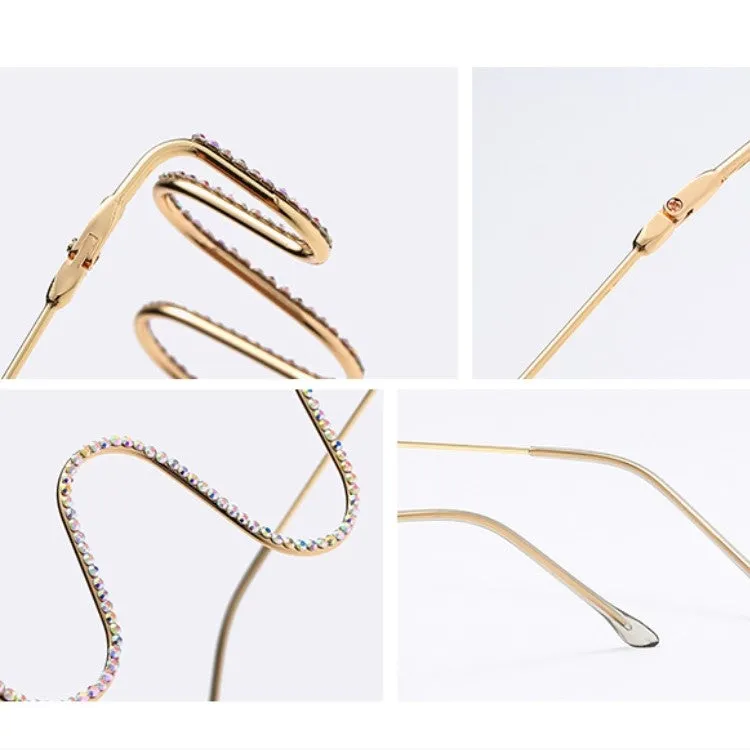 Fashion Handmade Diamond Half-Frame Metal Wave Without Decorative Glasses Frame, Frame color: C01 golden