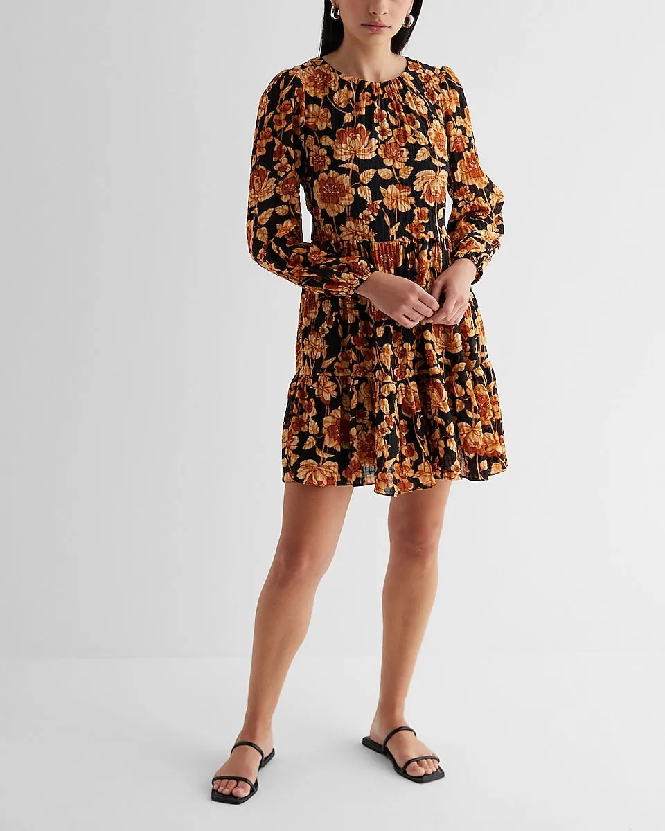 Floral Crew Neck Long Sleeve Mini Shift Dress in Black Print