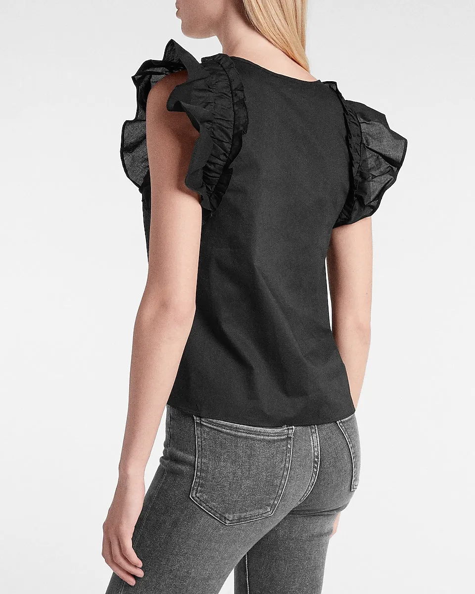 Gathered V-Neck Flutter Sleeve Top in Pitch Black