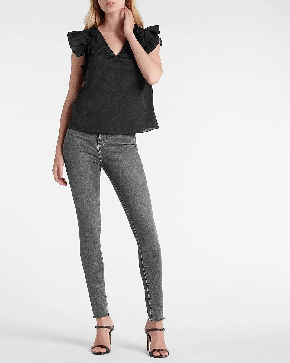 Gathered V-Neck Flutter Sleeve Top in Pitch Black