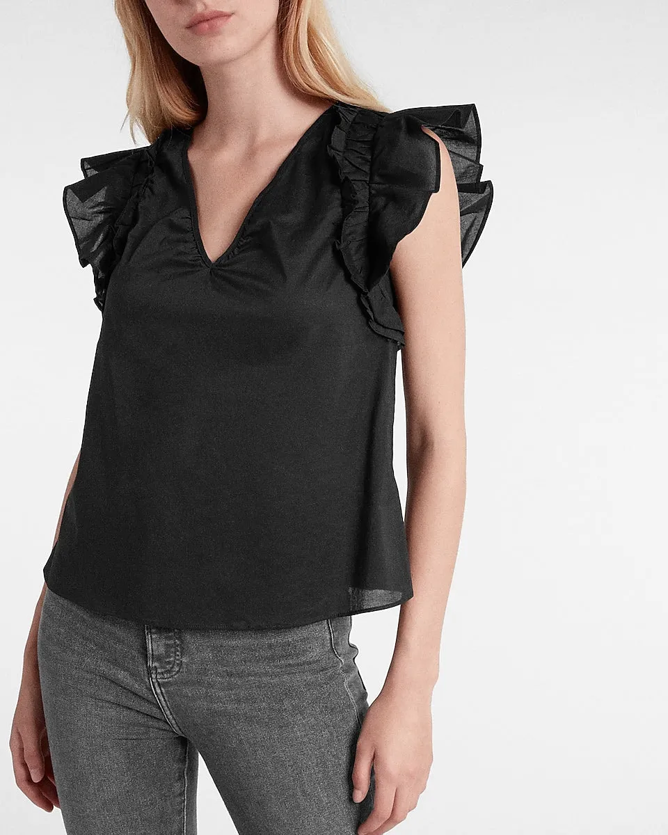 Gathered V-Neck Flutter Sleeve Top in Pitch Black