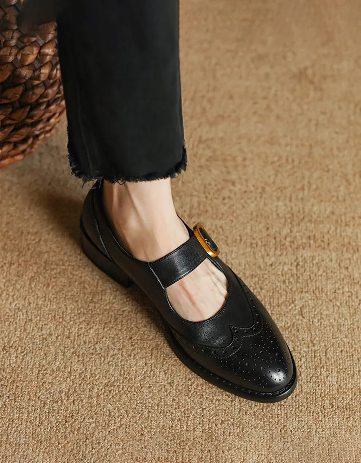 Genuine Leather Vintage Brogue Style Mary Jane Shoes