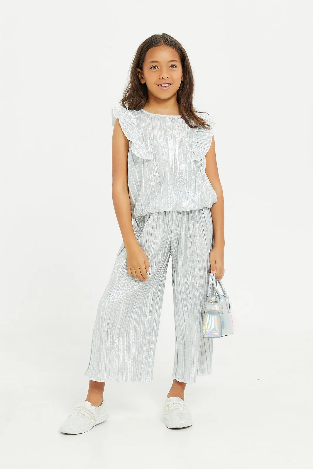 Girls Silver Embellished Pleated Cord Trouser